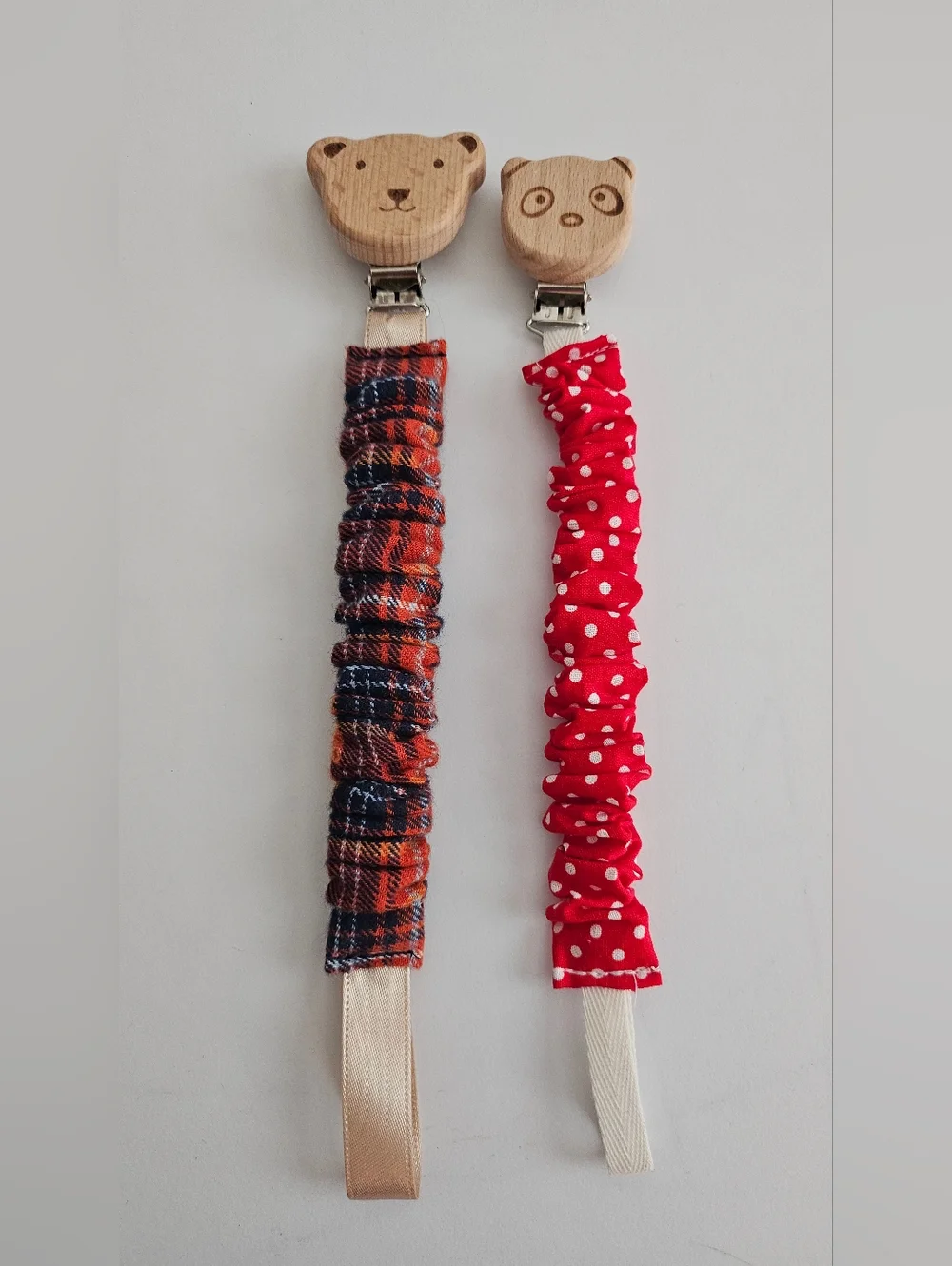 Handmade Pacifier Clips – Red Polka Dot & Orange Plaid